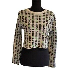 COLLUSION Cropped Long Sleeve Knit Sweater "BORED" Graphic Print White Green US